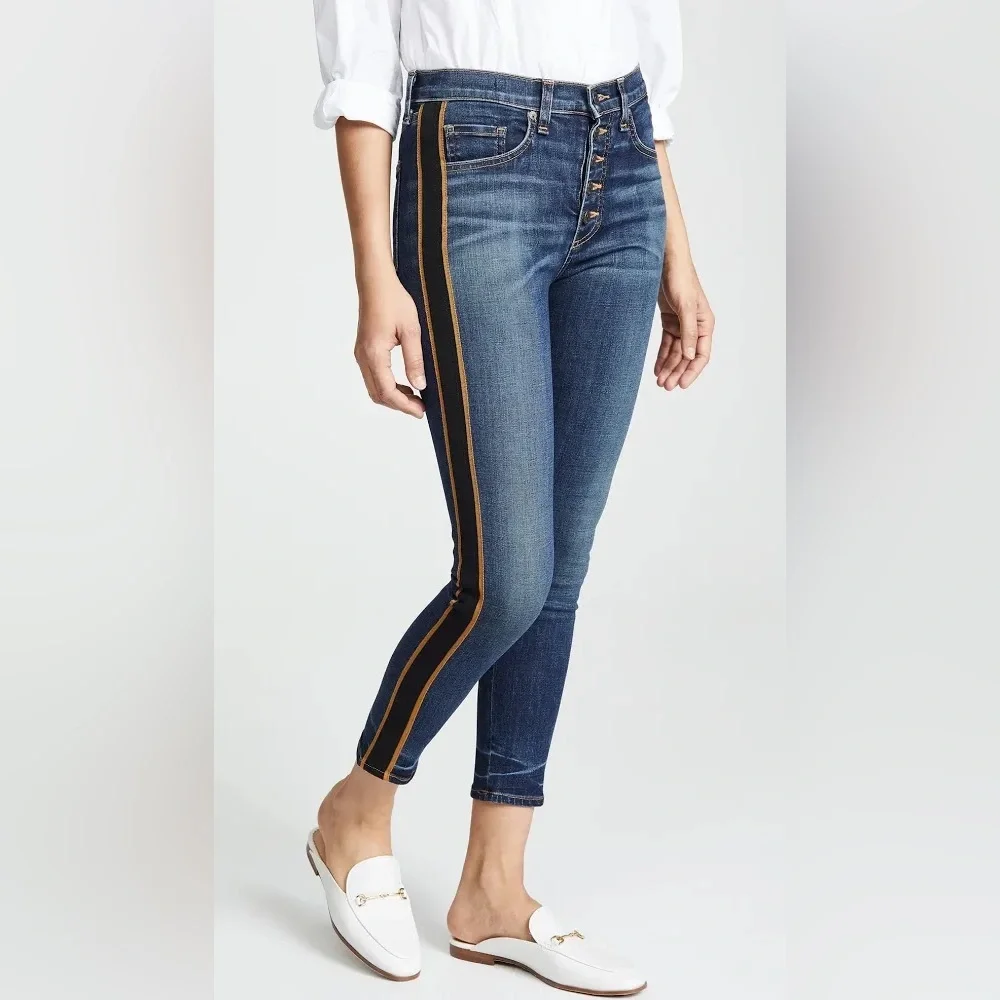 NEW Veronica Beard Crop Slim Fit Button Fly Tuxedo Stripe Jeans in Dark Wash - Picture 3 of 12